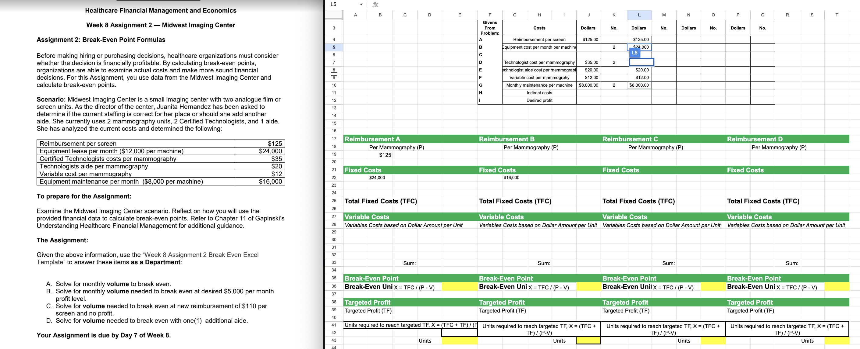 Week 8 Assignment 2 - Midwest Imaging Center Assignment 2: Break-Even