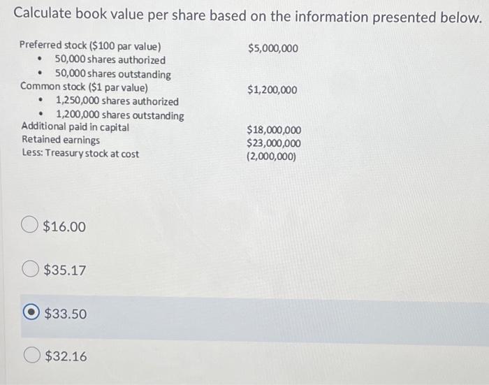  Calculate book value per share based on the information presented below.