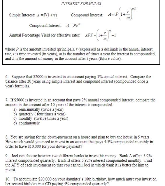 Please show work for question 6! INTEREST FORMULAS mt Simple Inteest A-P(1