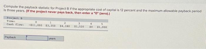 Compute the payback statistic for Project B if the appropriate cost