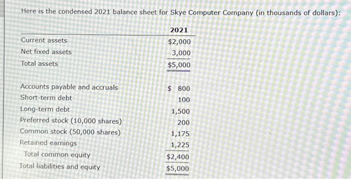  Here is the condensed 2021 balance sheet for Skye Computer Company
