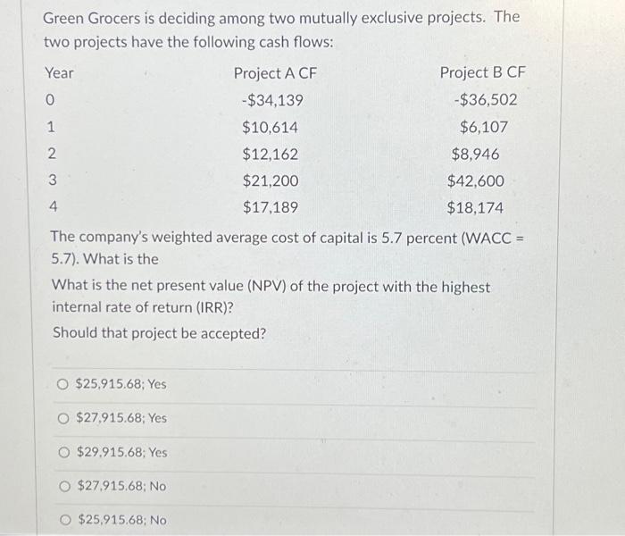 PLEASE HELP ME!! Green Grocers is deciding among two mutually exclusive projects.