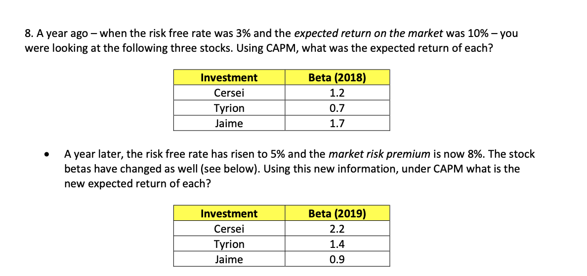 Show work and calculations!!! 8. A year ago - when the risk