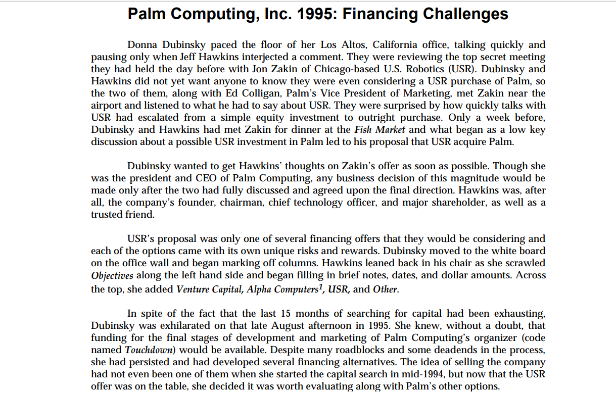 Case : Palm Computing Inc. 1995: Financing Challenges. Questions : Why did