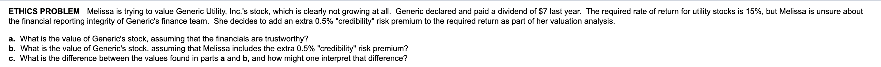 ETHICS PROBLEM Melissa is trying to value Generic Utility, Inc.'s stock,
