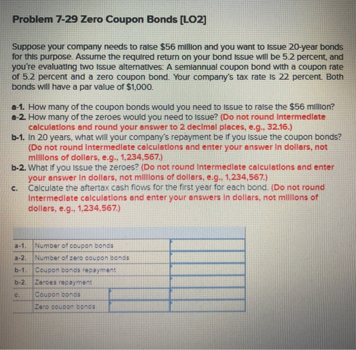  Problem 7-29 Zero Coupon Bonds [LO2 Suppose your company needs to