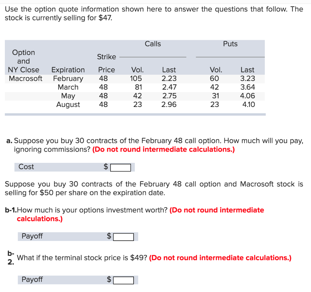 Use the option quote information shown here to answer the questions