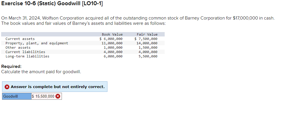  Exercise 10-6 (Static) Goodwill [LO10-1] On March 31, 2024, Wolfson Corporation