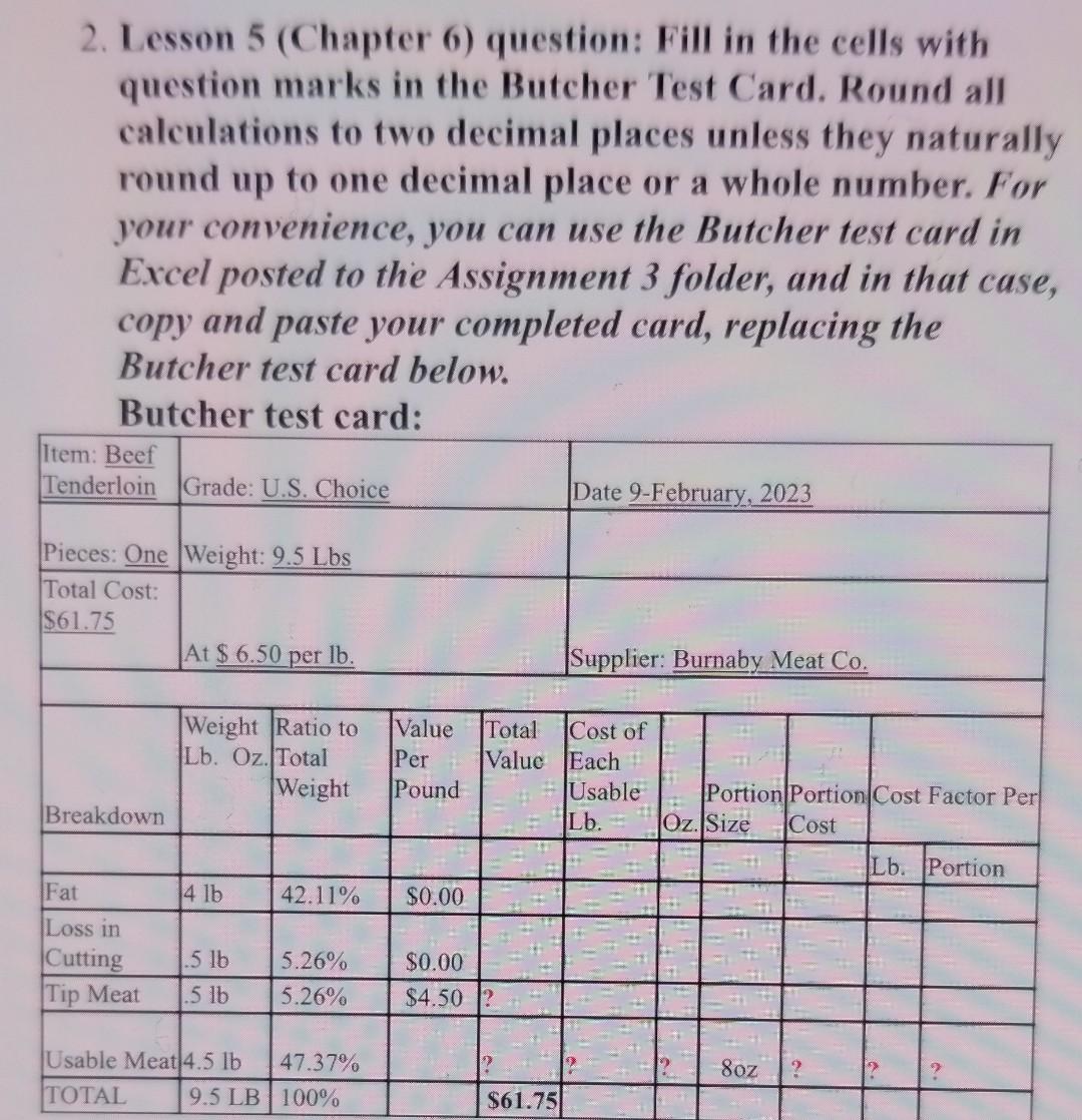  2. Lesson 5 (Chapter 6) question: Fill in the cells with