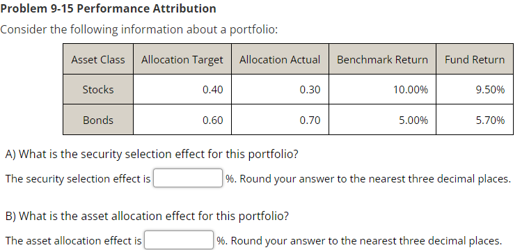 Problem 9-15 Performance Attribution Consider the following information about a portfolio: