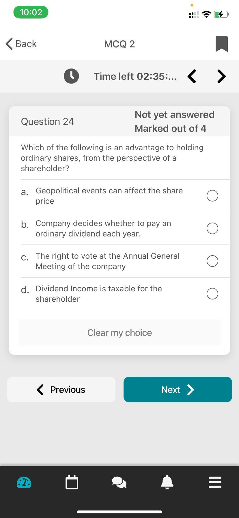 10:02 Back MCQ 2 1 Time left 02:35:... Question 24 Not