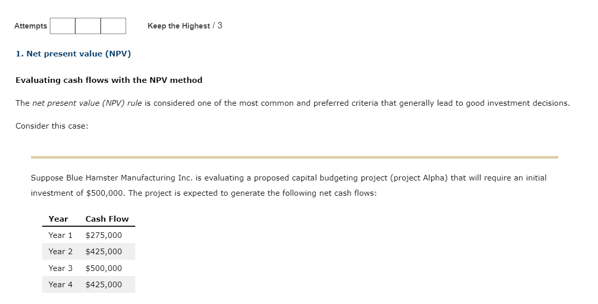  Attempts Keep the Highest/3 1. Net present value (NPV) Evaluating cash