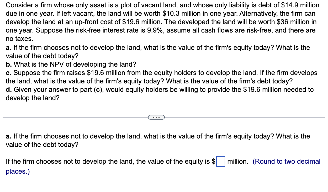  Consider a firm whose only asset is a plot of vacant