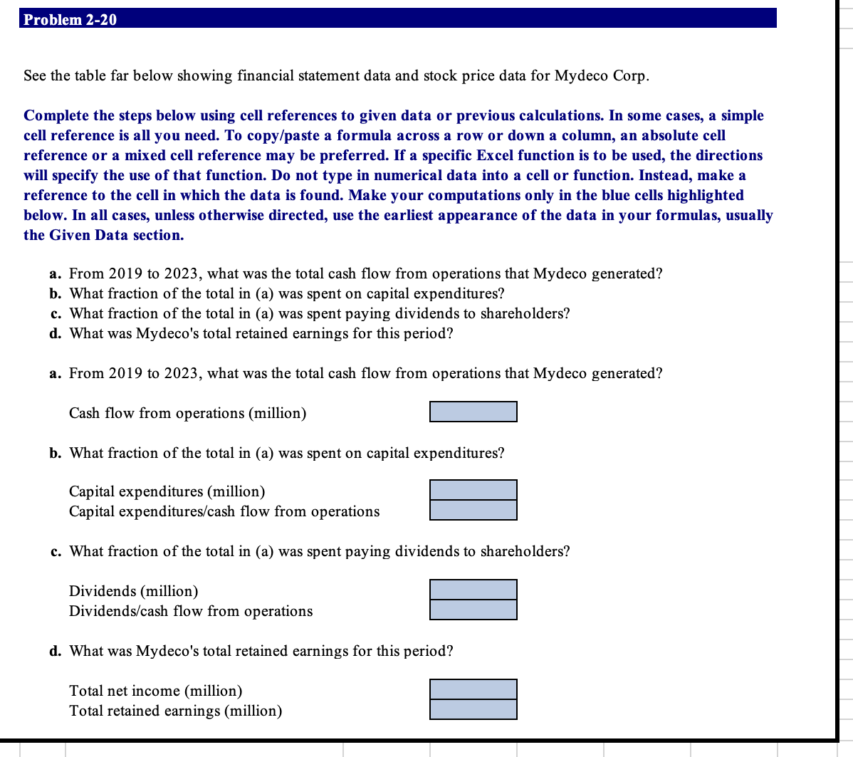  Problem 2-20 See the table far below showing financial statement data