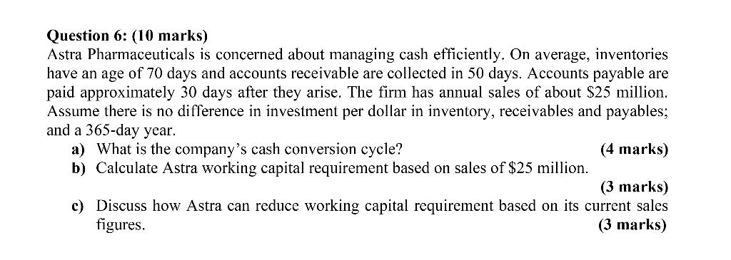  Question 6: (10 marks) Astra Pharmaceuticals is concerned about managing cash