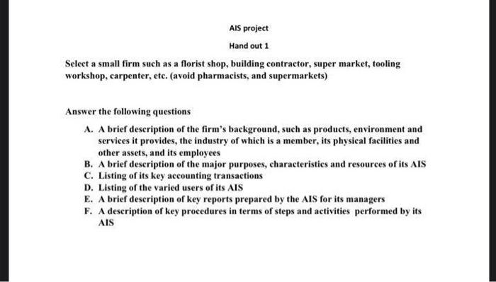  Als project Hand out 1 Select a small firm such as
