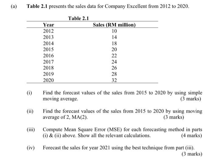  please solve the question without using excel (a) Table 2.1 presents