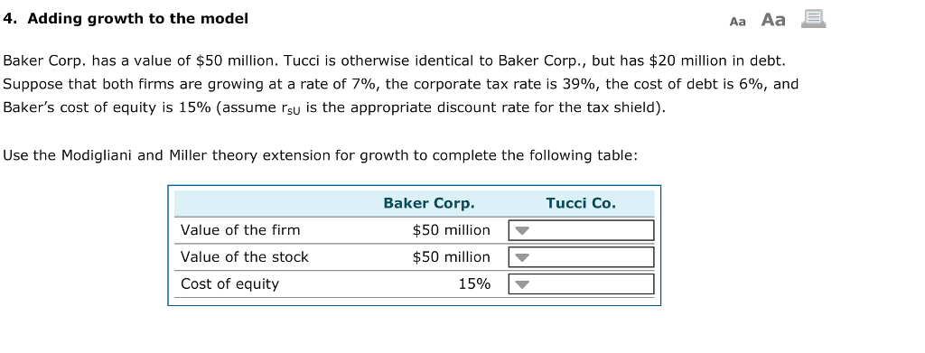  4. Adding growth to the model Aa Baker Corp. has a
