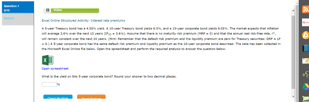  Question 1 Video 0/10 Submit Excel Online Structured Activity: Interest rate