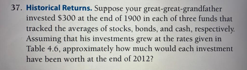 You may need the table to answer question 37 37. Historical Returns.