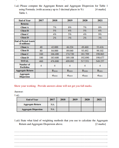 1.ai) Please compute the Aggregate Return and Aggregate Dispersion for Table