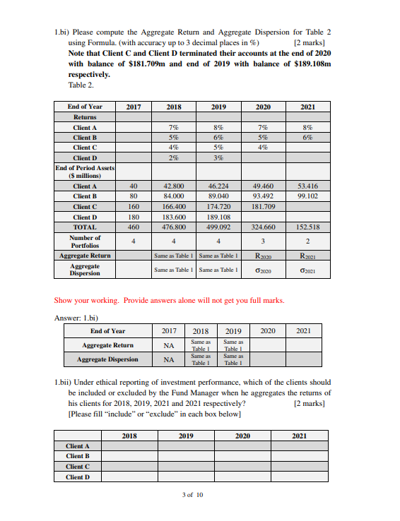  1.bi) Please compute the Aggregate Return and Aggregate Dispersion for Table