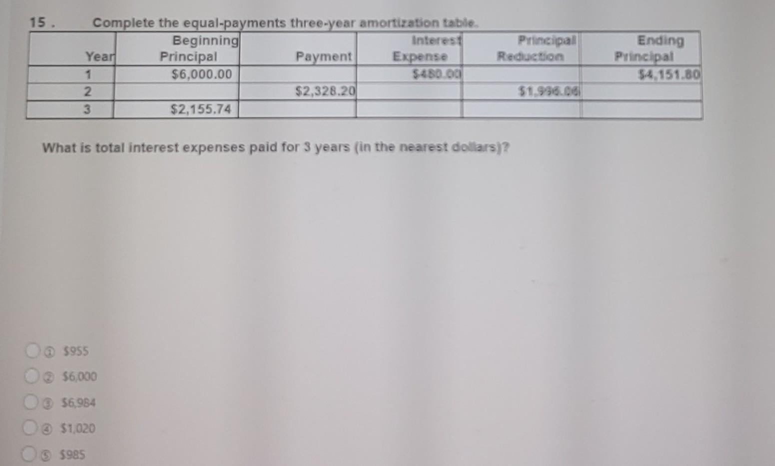  15. Principal Reduction Complete the equal-payments three-year amortization table Beginning Interest
