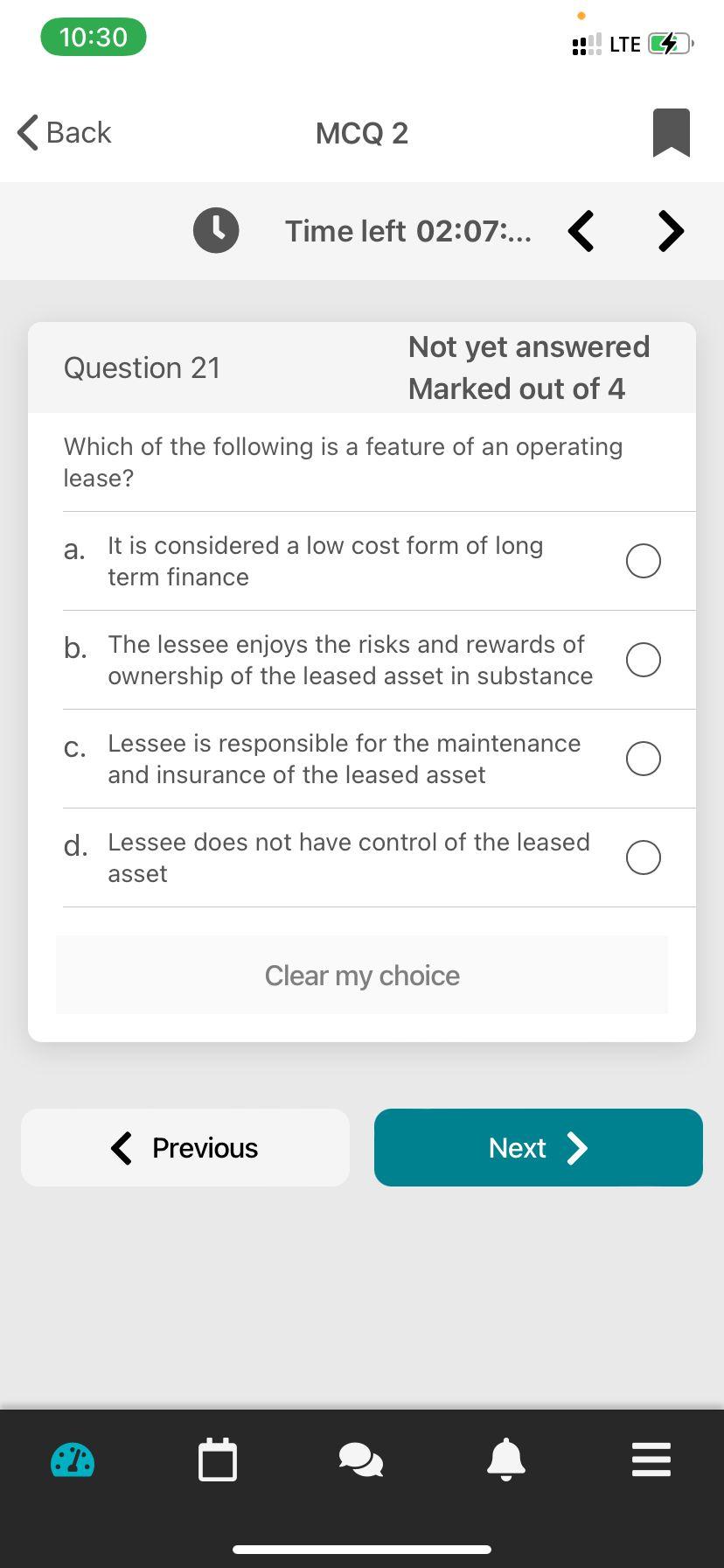  10:30 LTE CU Back MCQ 2 1 Time left 02:07:... Question