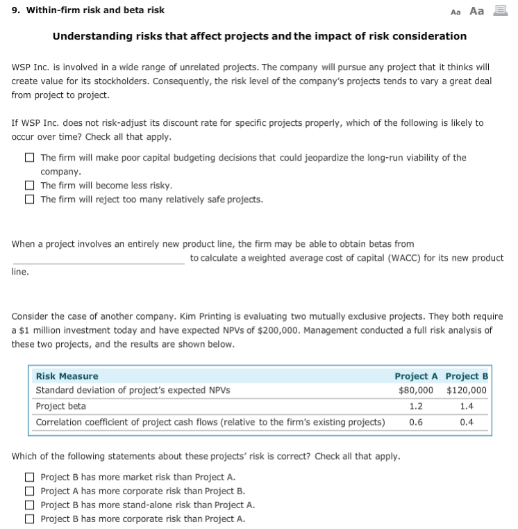  9. Within-firm risk and beta risk Aa Aa Understanding risks that