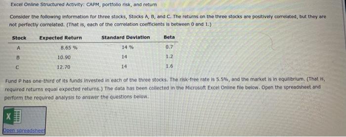  Excel Online Structured Activity: CAPM, portfolio risk, and return Consider the