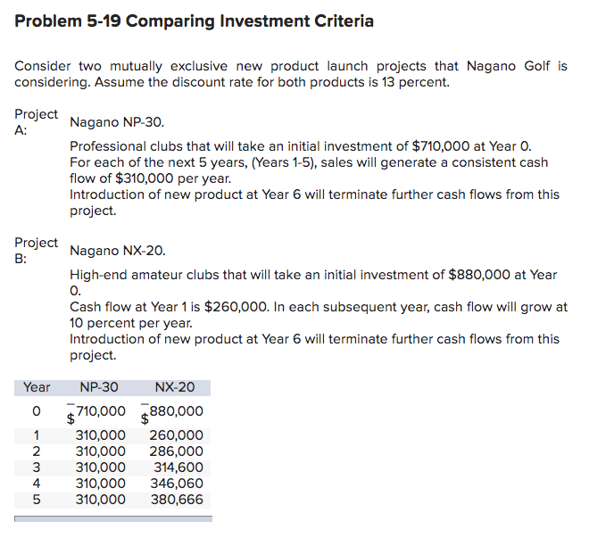  Problem 5-19 Comparing Investment Criteria Consider two mutually exclusive new product