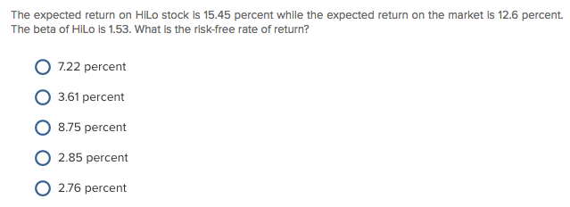  The expected return on HiLo stock is 15.45 percent while the