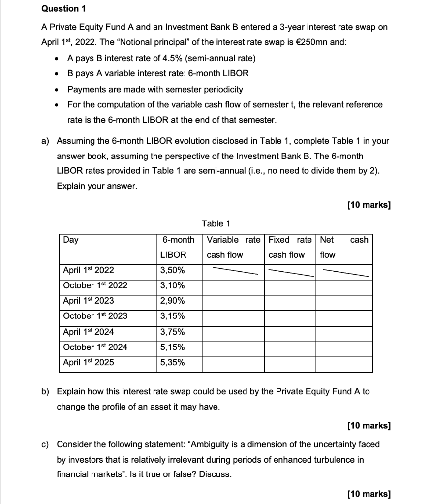  Question 1 . A Private Equity Fund A and an Investment