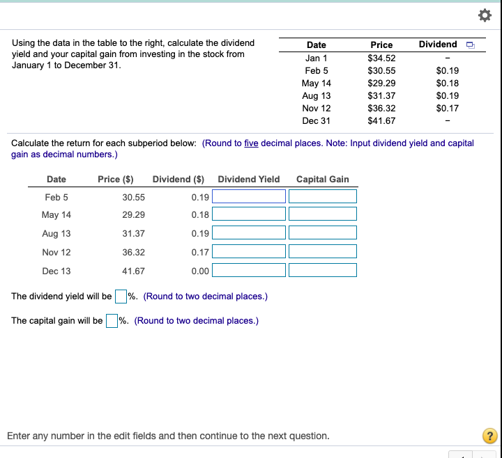 Dividende Using the data in the table to the right, calculate