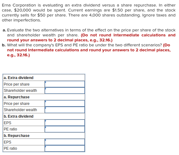 20. Erna Corporation is evaluating an extra dividend versus a share repurchase.