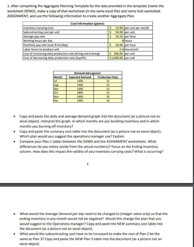 1. After completing the Aggregate Planning Template for the data provided