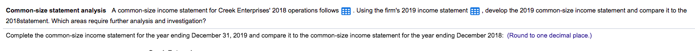  Common-size statement analysis A common-size income statement for Creek Enterprises' 2018