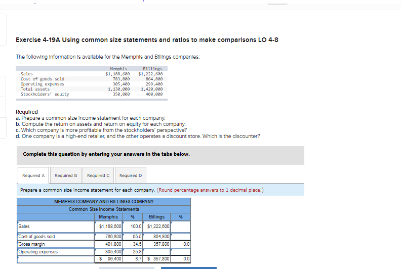undefined Exercise 4-19A Using common size statements and ratlos to make comparisons