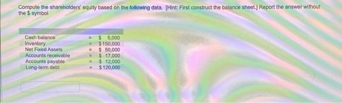  Compute the shareholders' equity based on the following data. (Hint: First