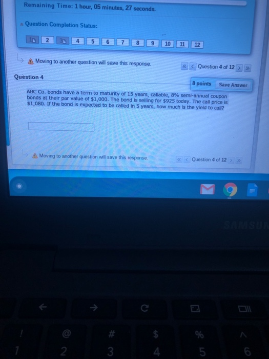  Remaining Time: 1 hour, 05 minutes, 27 seconds. Question Completion Status: