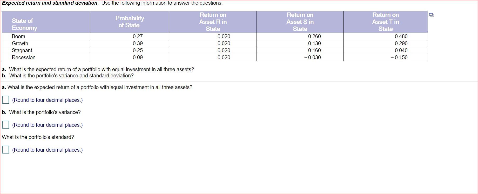 Expected return and standard deviation. Use the following information to answer