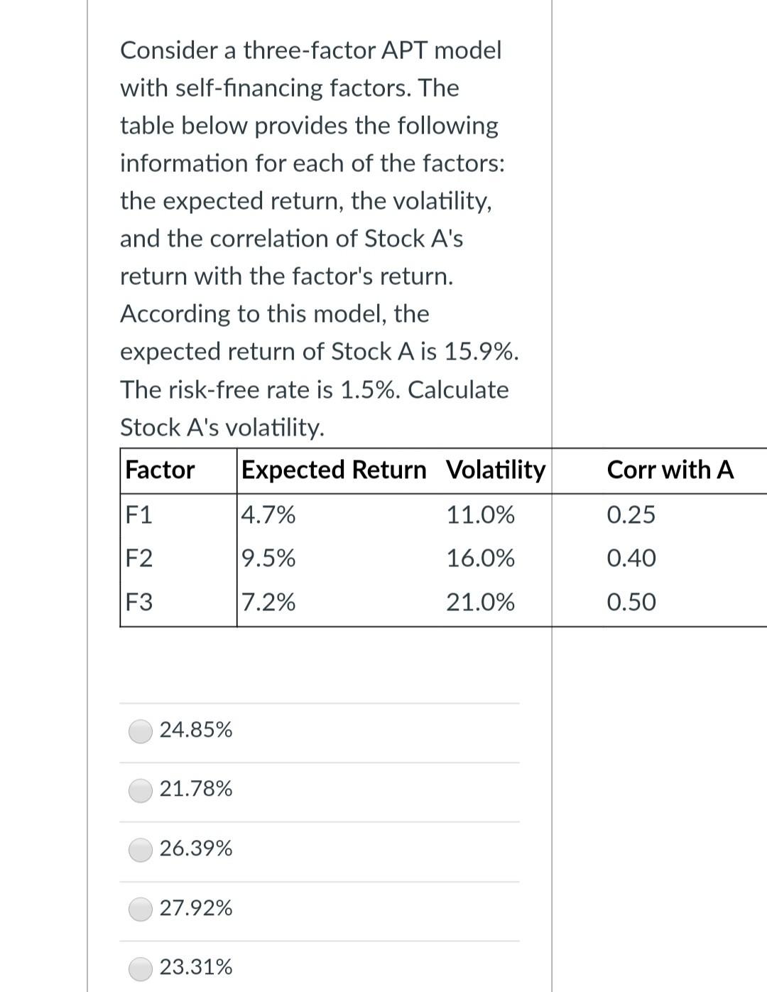  Consider a three-factor APT model with self-financing factors. The table below