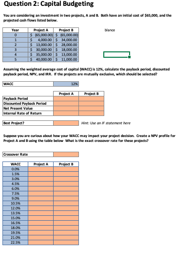 Please show excel formulas for each section. I am unsure whether I