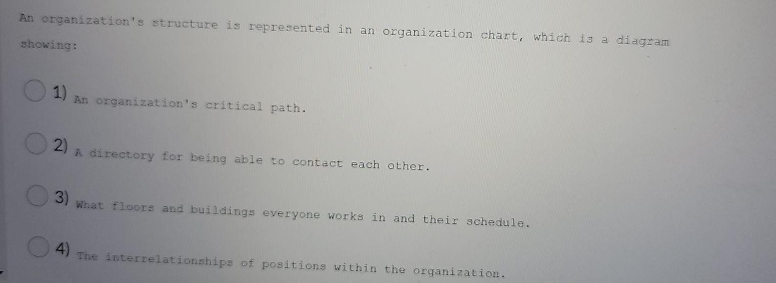  An organization's structure is represented in an organization chart, which is