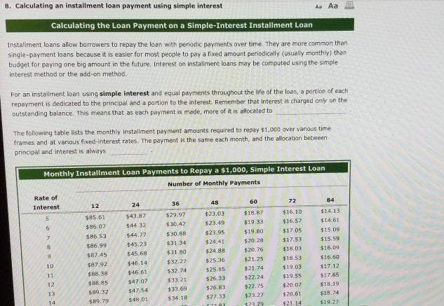  8. Calculating an installment loan payment using simple interest Calculating the