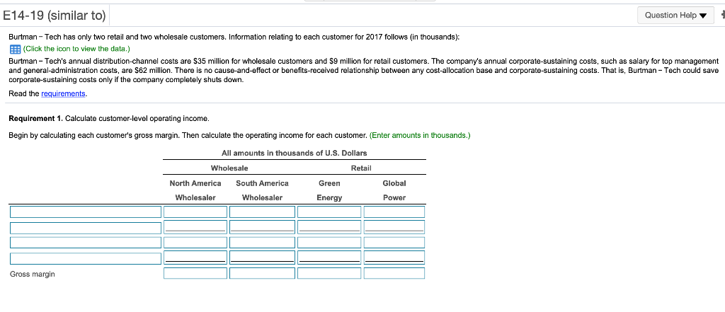  E14-19 (similar to) Question Help Burtman -Tech has only two retail