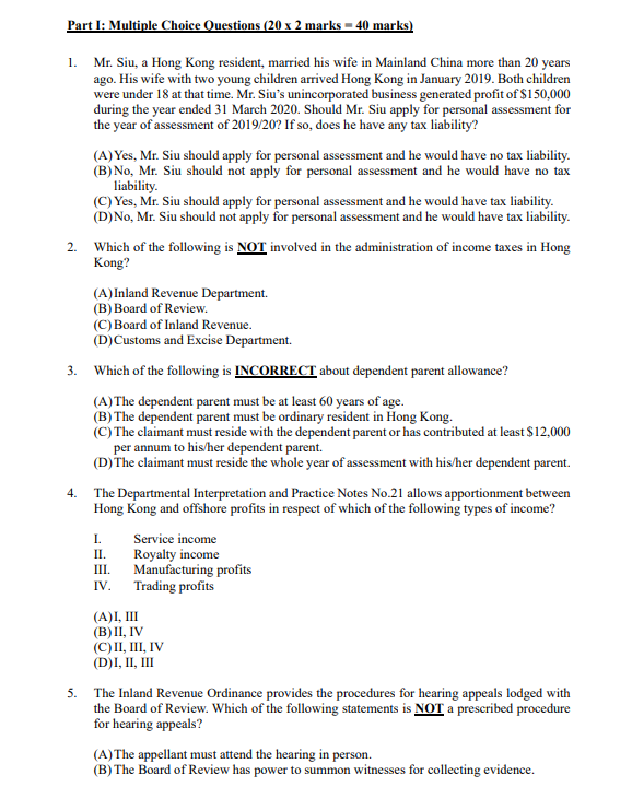 Part I: Multiple Choice Questions (20 x 2 marks - 40