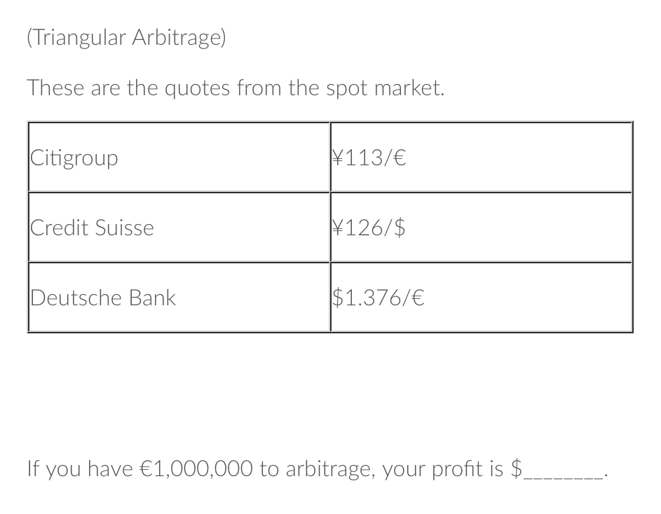 (Triangular Arbitrage) These are the quotes from the spot market. If