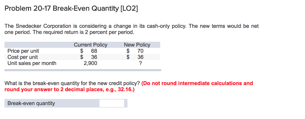  Problem 20-17 Break-Even Quantity [LO2] The Snedecker Corporation is considering a