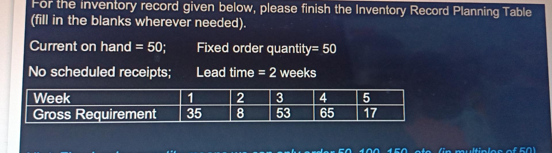 For the inventory record given below, please finish the Inventory Record